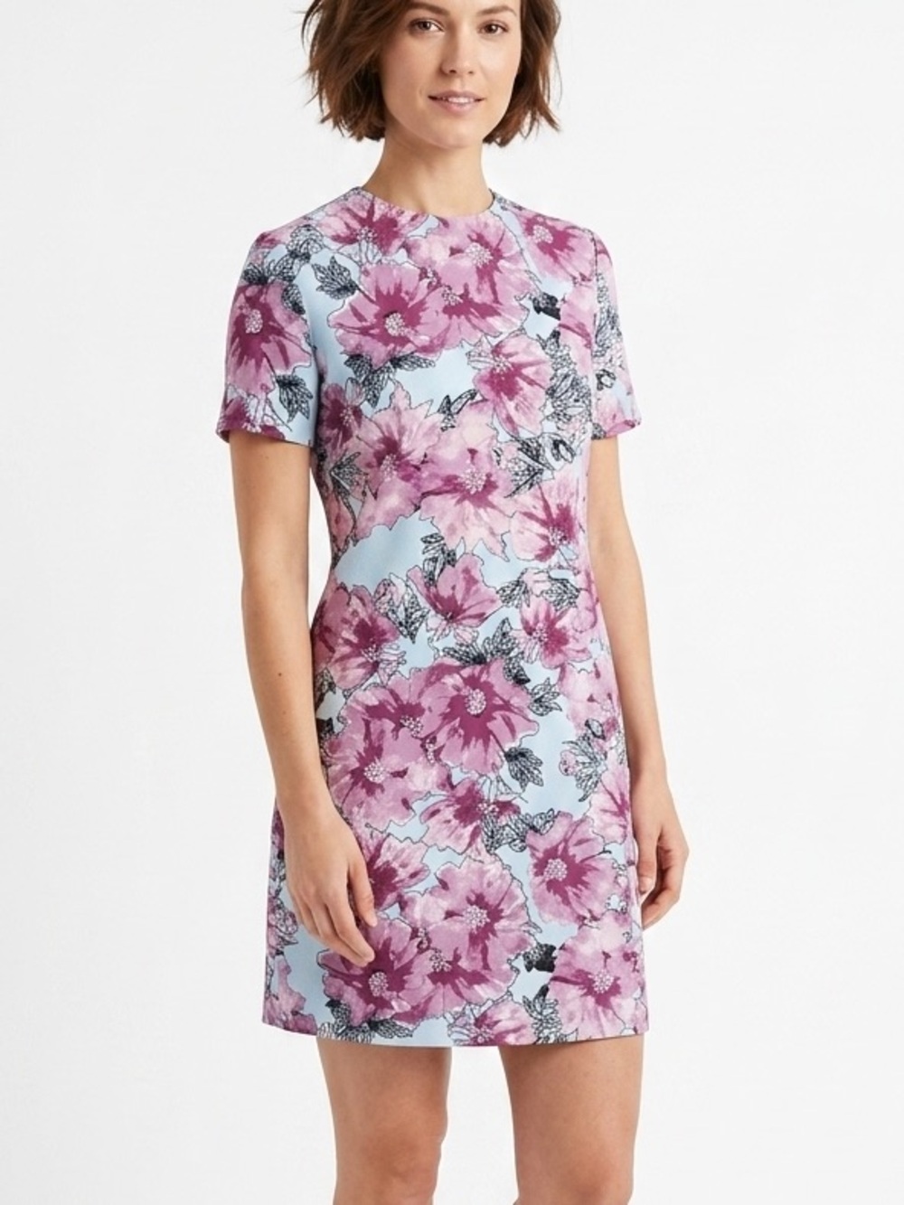 BABATON Fully Lined Floral Shift Dress Short Sleeve Lavender Purple Blue Size 0